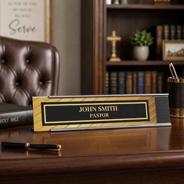 Placa De Mesa Pastor da Igreja Sofisticada Dourado e Preto (PLEASE NOTE: The foil elements are simulated and will not be used in the making of this product.)