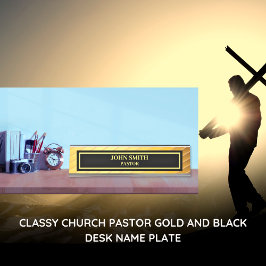 Placa De Mesa Pastor da Igreja Sofisticada Dourado e Preto