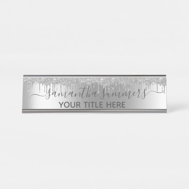 Placa De Mesa Pinceladas de Brilho Prateado Glam Grafia à Mão Ca (Frente)