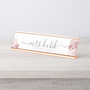 Placa De Mesa Pink Peony Rosa Dourado Teacher Nome Placa