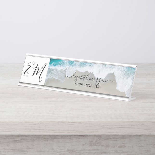Placa De Mesa Praia de Monograma Azul Verde Elegante Profissiona (Frente)