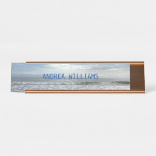 Placa De Mesa Praia Oceano Ondas Monograma Nome Cinza Azul