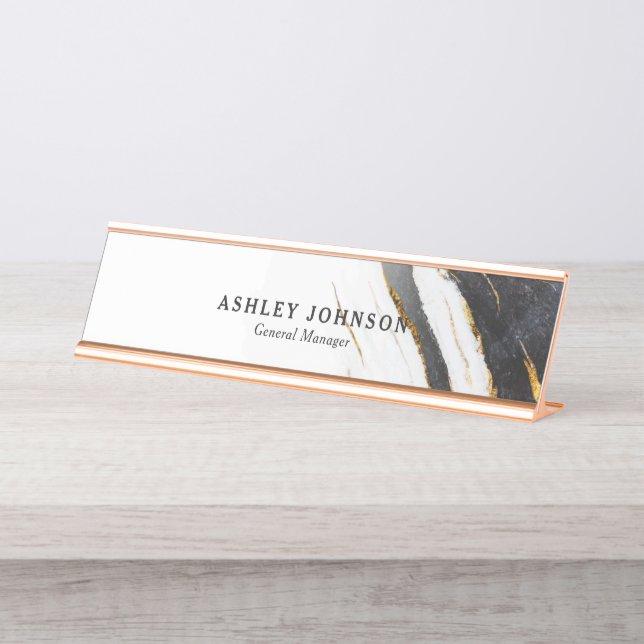 Placa De Mesa Preto Branco Faux Gold Foot Marble Personalizado (Frente)