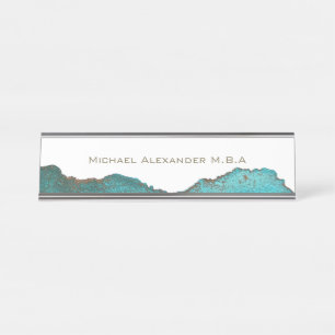 Placa De Mesa Preto Branco Teal Abstrato Personalizado Nomeado