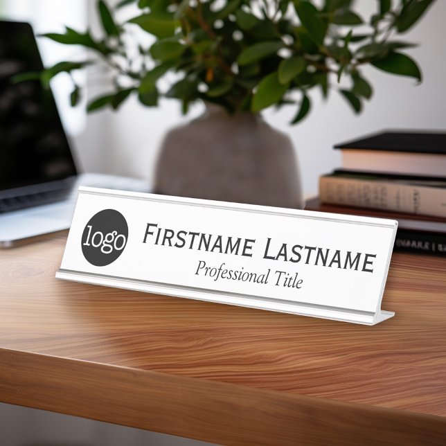 Placa De Mesa Preto e branco - Logotipo, nome, título profission (Custom Name Plate - Executive Desk Sign with Name and title or other text)