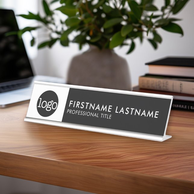 Placa De Mesa Preto e Branco moderno - Adicionar logotipo, nome  (Custom Name Plate - Executive Desk Sign with Name and title or other text)