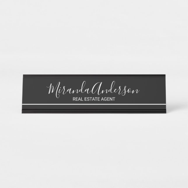 Placa De Mesa Preto e branco profissionais com nome de script (Frente)