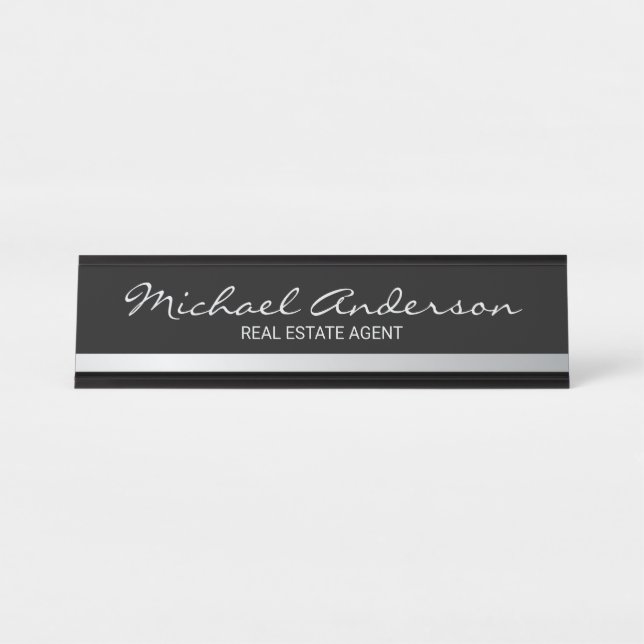 Placa De Mesa Preto e Prata Elegante Profissionais (Frente)