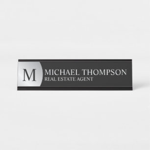 Placa De Mesa Preto e Prata Elegante Profissionais