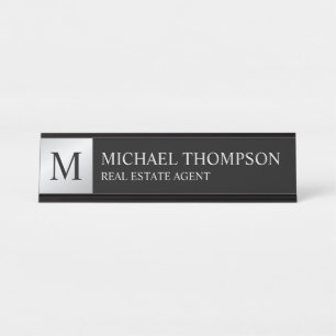 Placa De Mesa Preto e Prata Elegante Profissionais