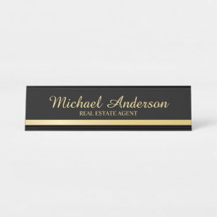 Placa De Mesa Preto Elegante profissional e Dourado