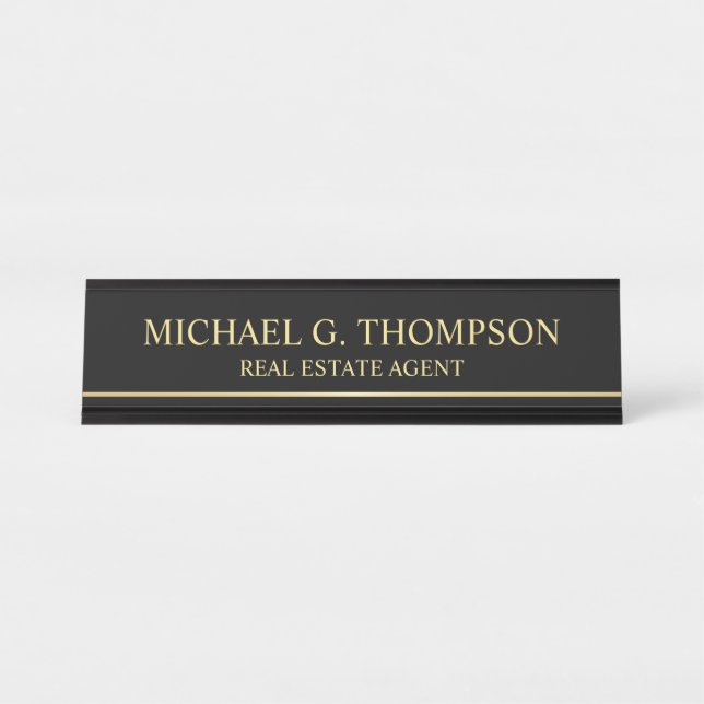 Placa De Mesa Preto Elegante profissional e Dourado (Frente)