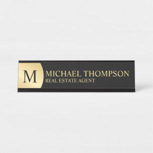 Placa De Mesa Preto Elegante profissional e Dourado