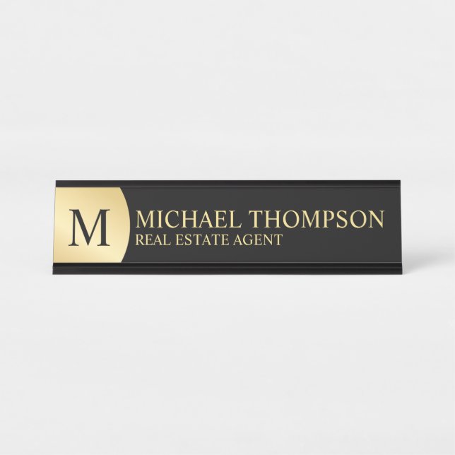 Placa De Mesa Preto Elegante profissional e Dourado (Frente)