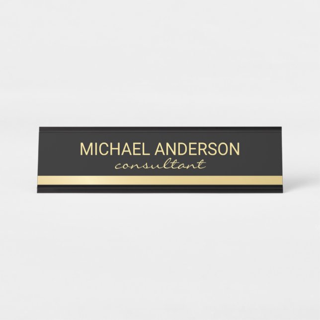 Placa De Mesa Preto Elegante profissional e Dourado (Frente)