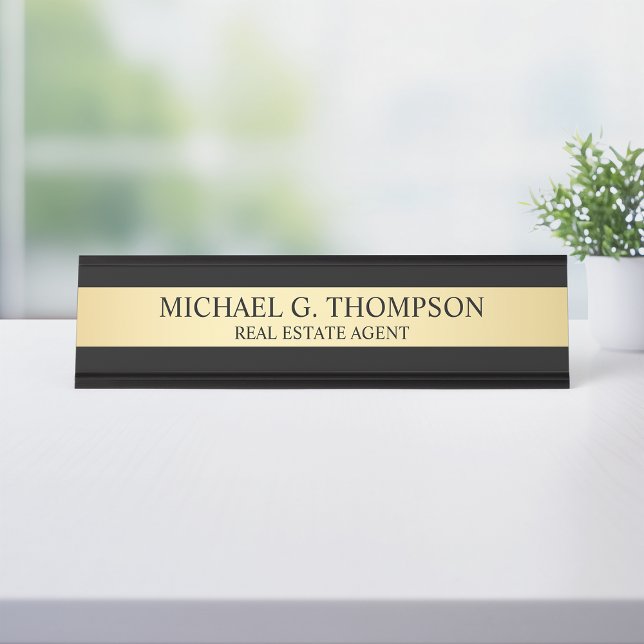 Placa De Mesa Preto Elegante profissional e Dourado (Criador carregado)