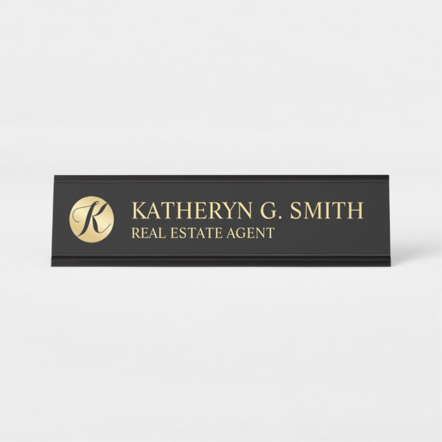 Placa De Mesa Preto Elegante profissional e Dourado (Frente)