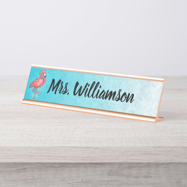 Placa De Mesa Professora Educadora Pink Flamingo Blue (Frente)