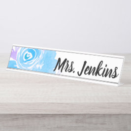 Placa De Mesa Professores Florais Azul Aquarela