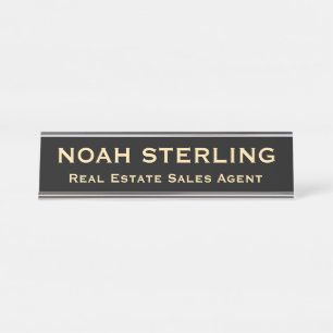 Placa De Mesa Profissional Moderno Elegante Preto Dourado Escrit