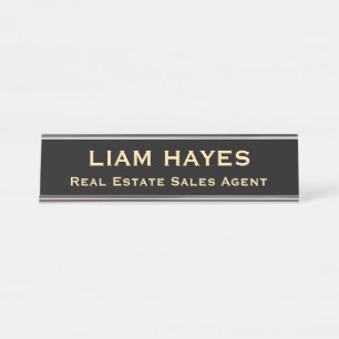 Placa De Mesa Profissional Moderno Elegante Preto Dourado Escrit