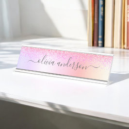 Placa De Mesa Rainbow Pastel Girly Glitter Metal Monograma Nome