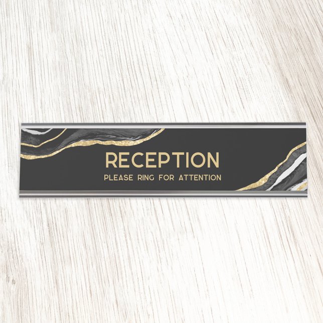 Placa De Mesa Recepção Dourada de brilho do átomo preto (Black and faux gold agate marble custom text hotel or business reception desk name plate)