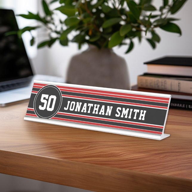 Placa De Mesa Red Black Team Jersey Fan Gear Número (Personalized Sports Theme Desk Name Plate - Great Coach Appreciation Gift or Locker room Decor)