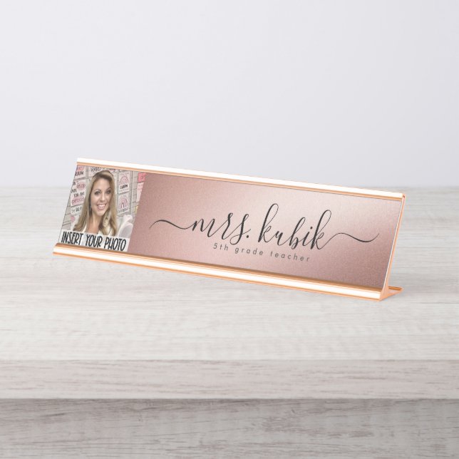 Placa De Mesa Rosa Gold Foil Personalizado Image Desk Placa (Frente)