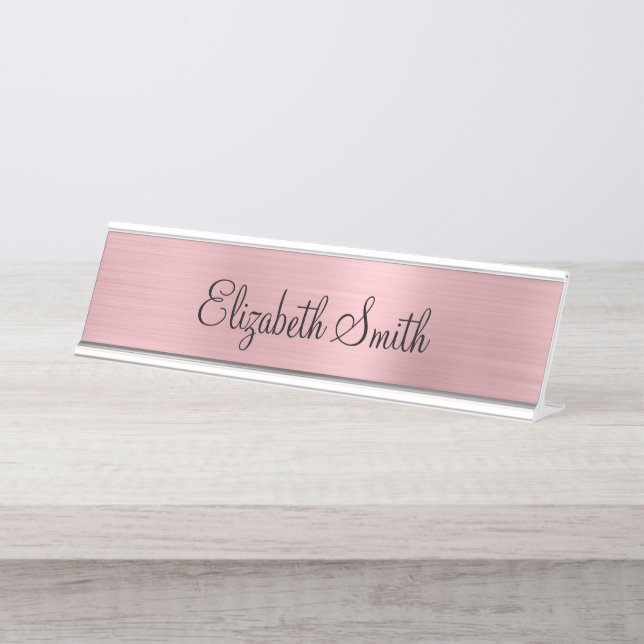 Placa De Mesa Rosa Metálico Rubor de Garota (Frente)