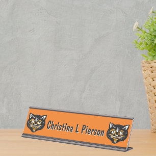 Placa De Mesa Rosto de Gato Preto Vintage Sorridente de Hallowee