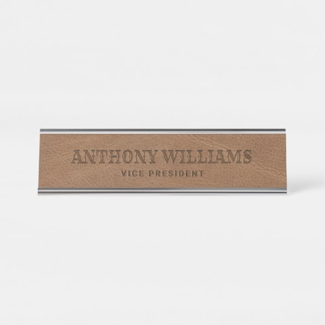 Placa De Mesa Rustic Brown Faux Leather Personalizada (Frente)