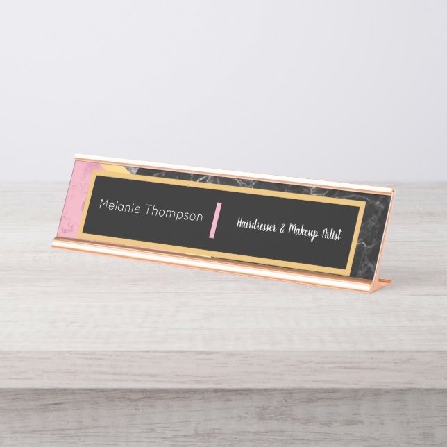Placa De Mesa Script de mármore rosa de tendências preto moderno (Frente)