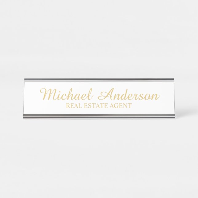 Placa De Mesa Script Elegante profissional branco e Dourado (Frente)