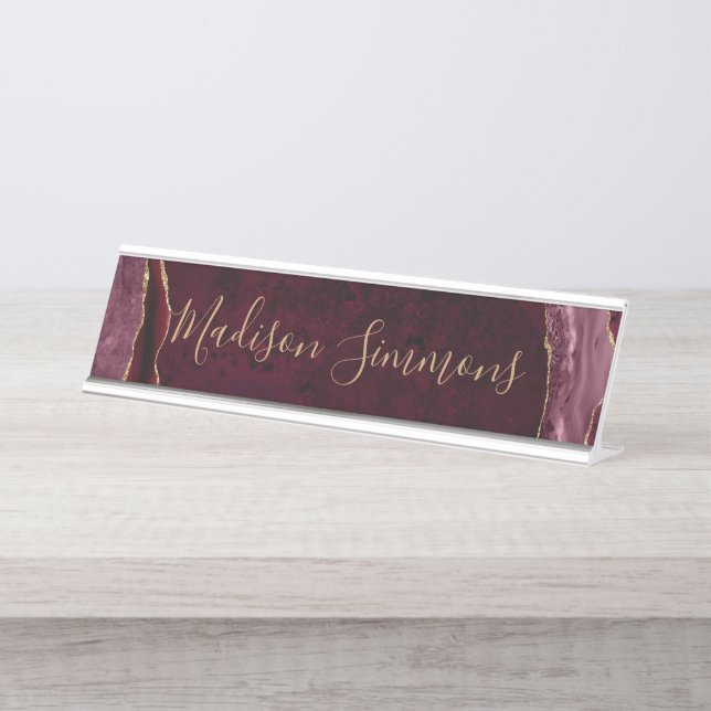 Placa De Mesa Script Feminina de Geodo Agate Vermelho Dourado Gl (Frente)