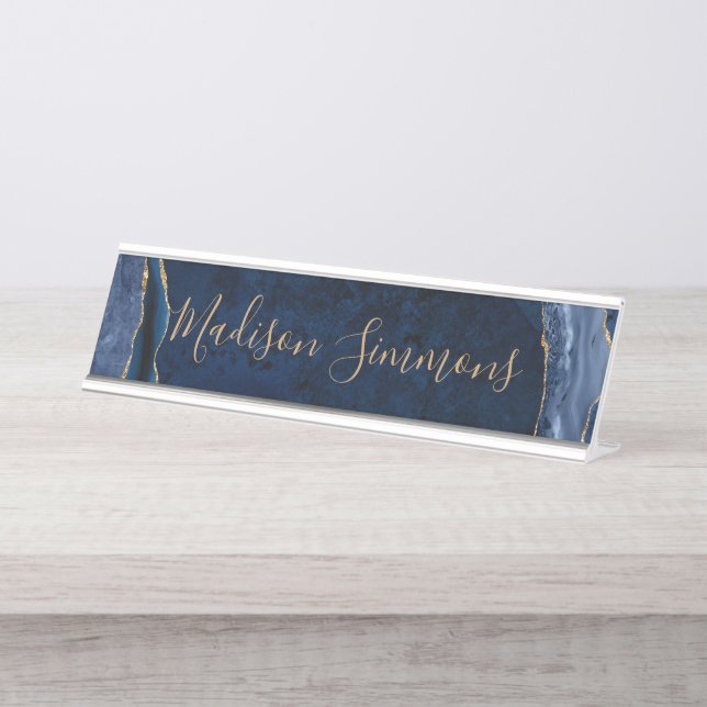 Placa De Mesa Script Feminina de Geodo de Agate Dourado Azul do  (Frente)
