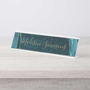 Placa De Mesa Script Feminino do Geodo Verde Dourado do Chic Tea