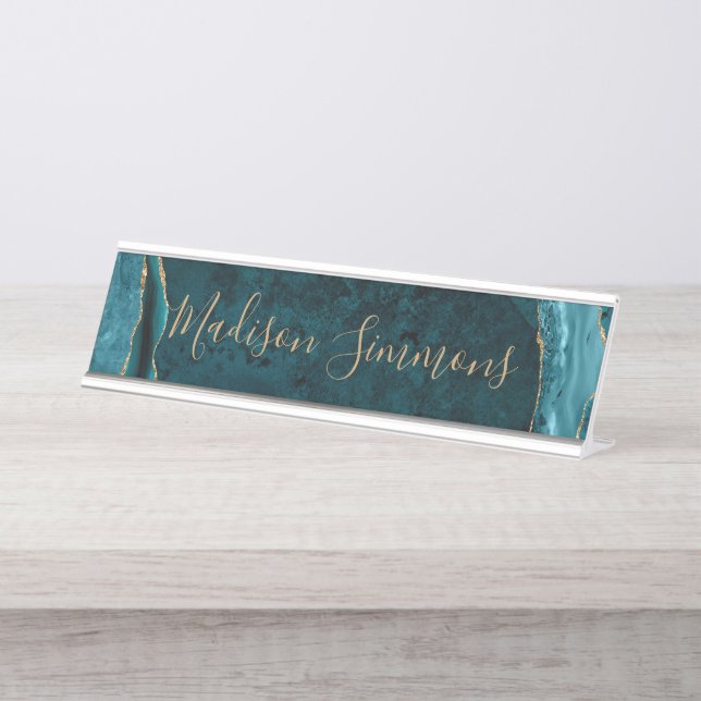 Placa De Mesa Script Feminino do Geodo Verde Dourado do Chic Tea (Frente)