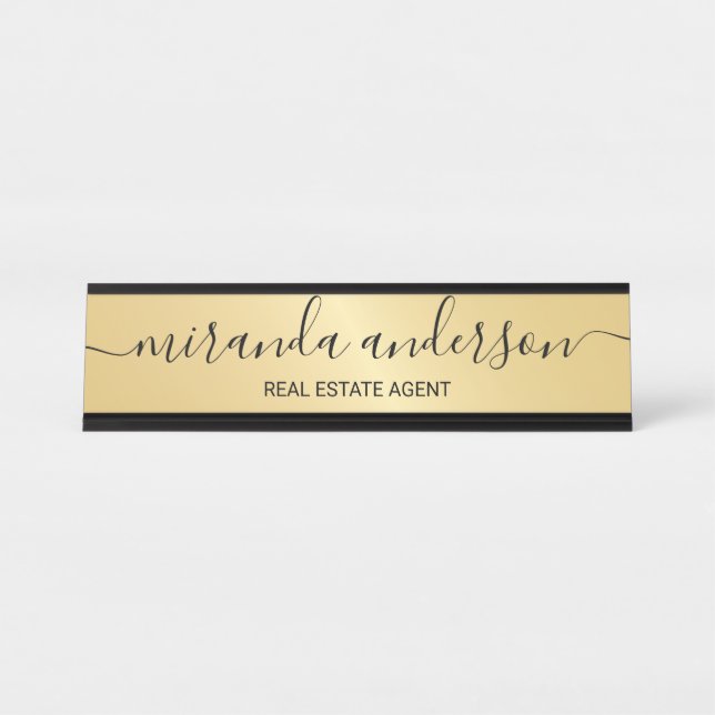 Placa De Mesa Script Moderno Profissional Preto e Dourado (Frente)