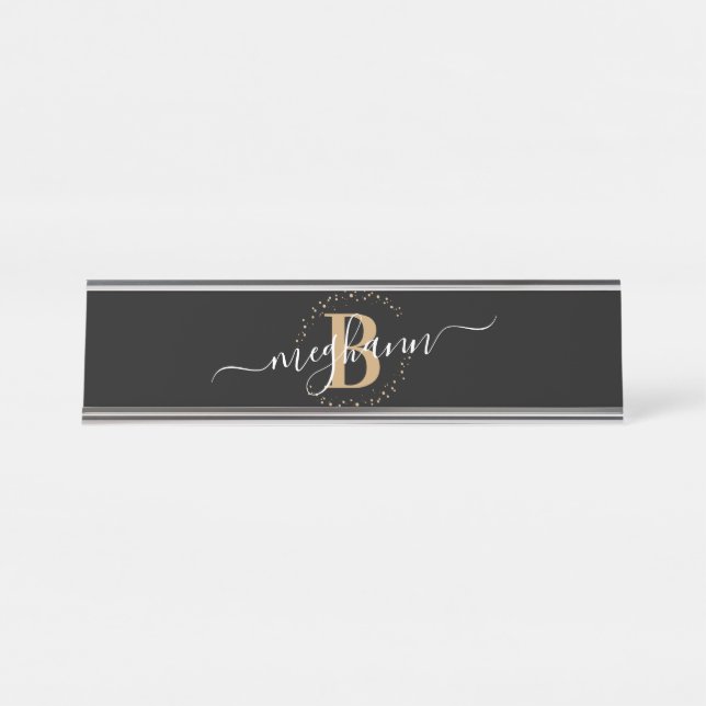Placa De Mesa Script Monograma de Nome Dourado Negro Girly Elega (Frente)
