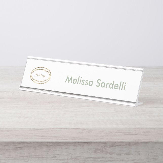 Placa De Mesa simple modern sage green business logo custom (Frente)