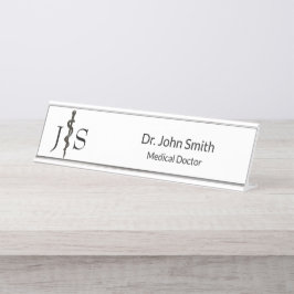 Placa De Mesa Simples Aclepius Preto-Branco Médico Profissional