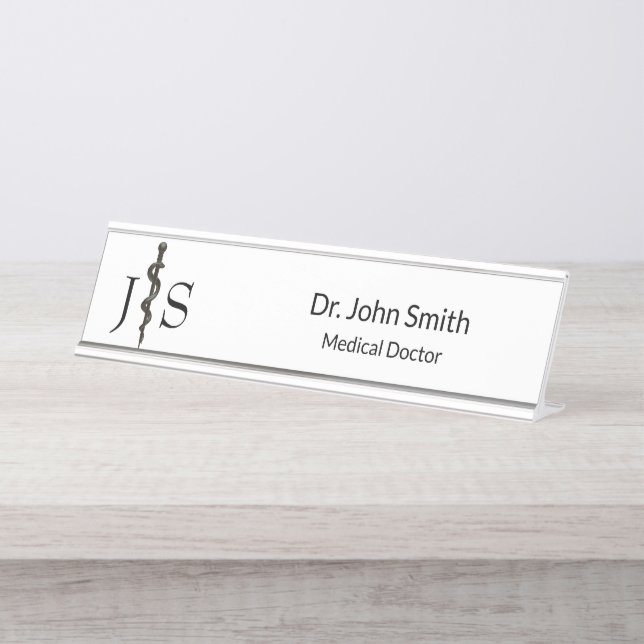 Placa De Mesa Simples Aclepius Preto-Branco Médico Profissional (Frente)