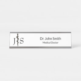 Placa De Mesa Simples Aclepius Preto-Branco Médico Profissional