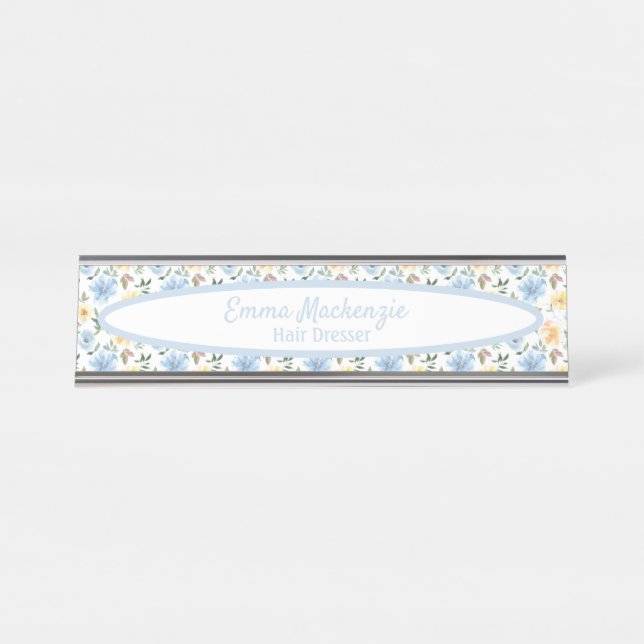 Placa De Mesa Sinal de Mesa Azul de Flores Amarelas da Estação F (Frente)