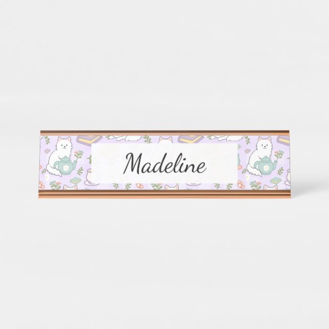 Placa De Mesa Tea & Bookish Cats Personalized Desk Name Plate (Frente)