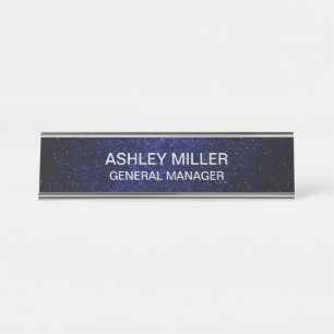 Placa De Mesa Texto em cor prateada elegante em azul galáxia
