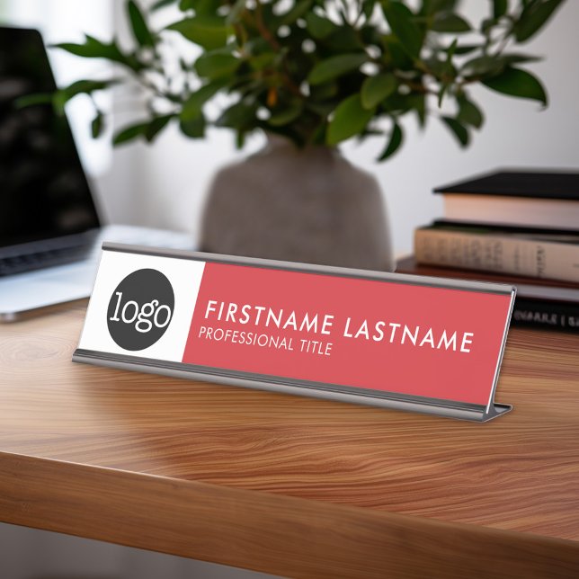 Placa De Mesa Vermelho e Branco moderno - Logotipo, Nome, Título (Custom Nameplate - Add Name and Title for Executive Sign or customize in the design area)