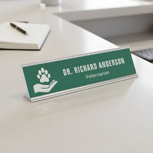 Placa De Mesa Veterinário Profissional Verde e Branco