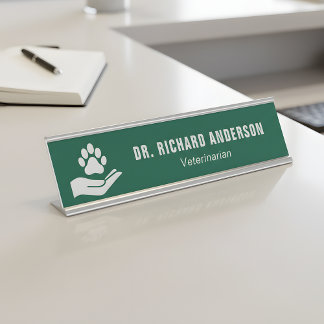 Placa De Mesa Veterinário Profissional Verde e Branco